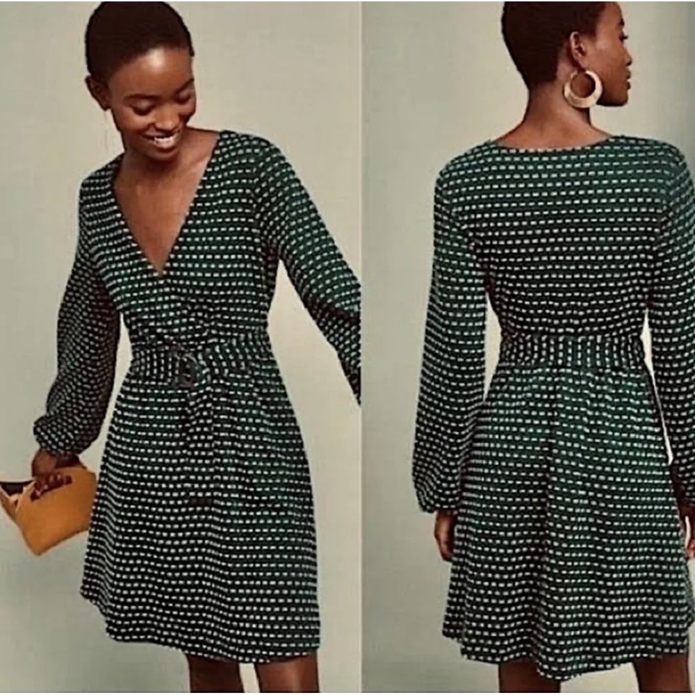 Anthropologie Maeve Malta Long Sleeve Faux Wrap Belted Fit & Flare Dress size L